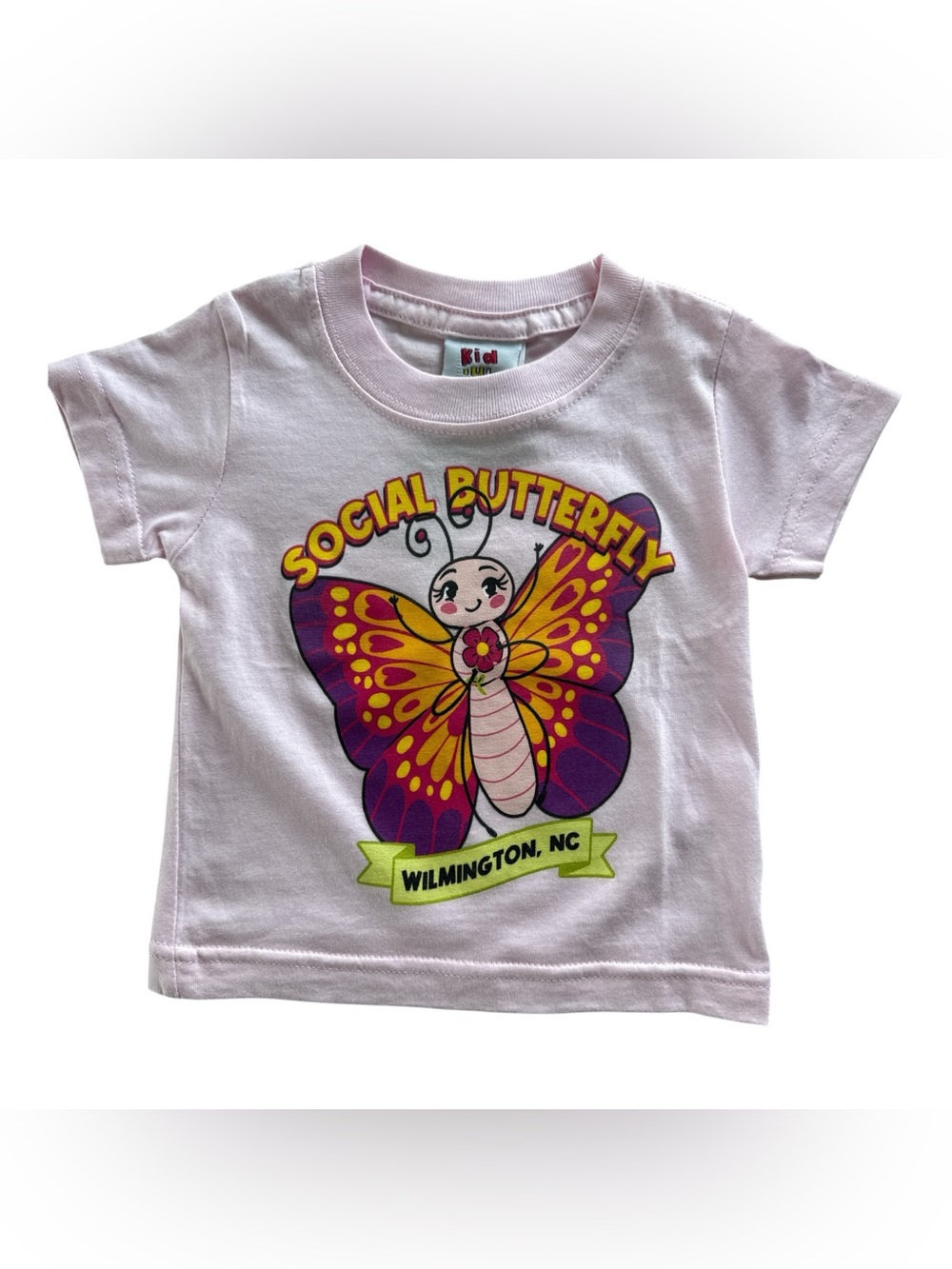 Kids Pink "Social Butterfly" Graphic Tee - Wilmington, NC 100% Cotton